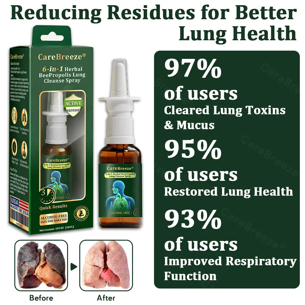 ⚡💖🇺🇸 Official Store:CareBreeze® 6-in-1 Herbal BeePropolis Lung Cleanse Spray(🫁Cough, wheezing, shortness of breath, sputum, stuffy nose, bronchitis, bronchitis, allergy symptoms, lung discomfort💝)