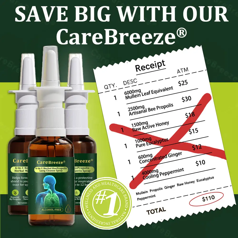 ⚡💖🇺🇸 Official Store:CareBreeze® 6-in-1 Herbal BeePropolis Lung Cleanse Spray(🫁Cough, wheezing, shortness of breath, sputum, stuffy nose, bronchitis, bronchitis, allergy symptoms, lung discomfort💝)