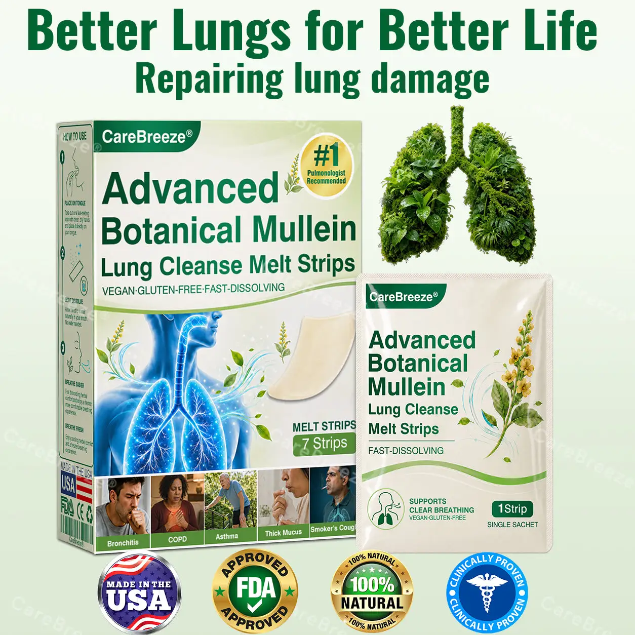 💖🇺🇸 ✅CareBreeze® Advanced Botanical Mullein Lung Cleanse Melt Strips(👨⚕️Directly acts on COPD, asthma, chronic bronchitis (CB), respiratory infections, lung cancer, sinusitis, and other conditions)