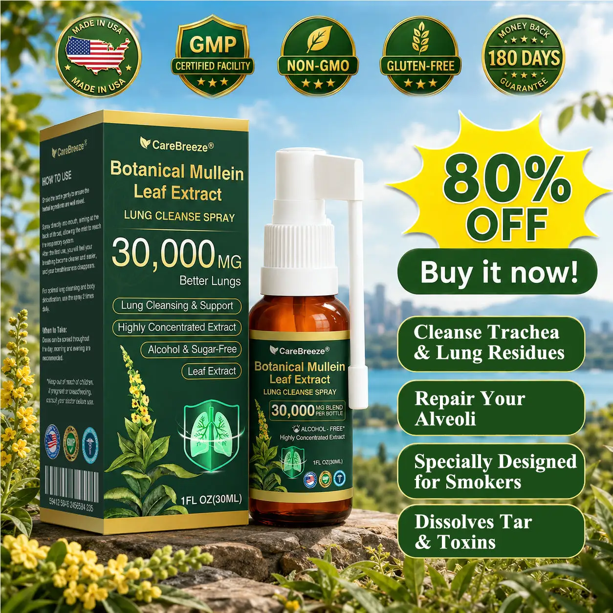 🫁🇺🇸 CareBreeze® Botanical Mullein Leaf Extract Lung Cleanse Spray(👨⚕️Directly acts on COPD, asthma, chronic bronchitis (CB), respiratory infections, lung cancer, sinusitis, and other conditions)
